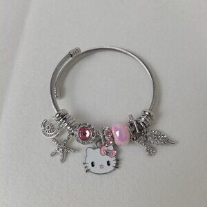 Pink Hello Kitty Charm Pendant Tone Bangle Bracelet